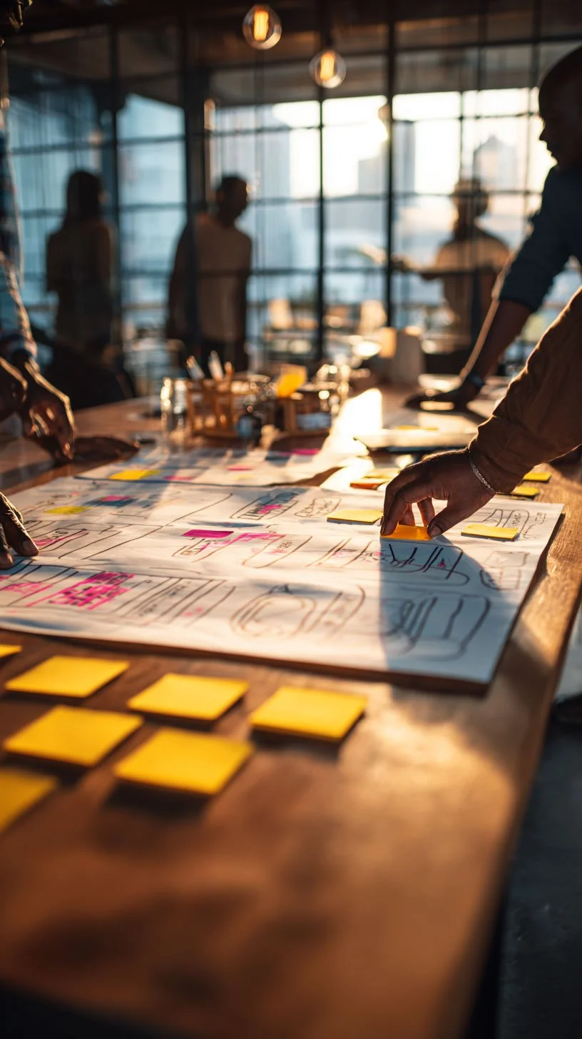 People collaborating around a table with sketches and sticky notes, in a modern office with large windows and warm lighting.