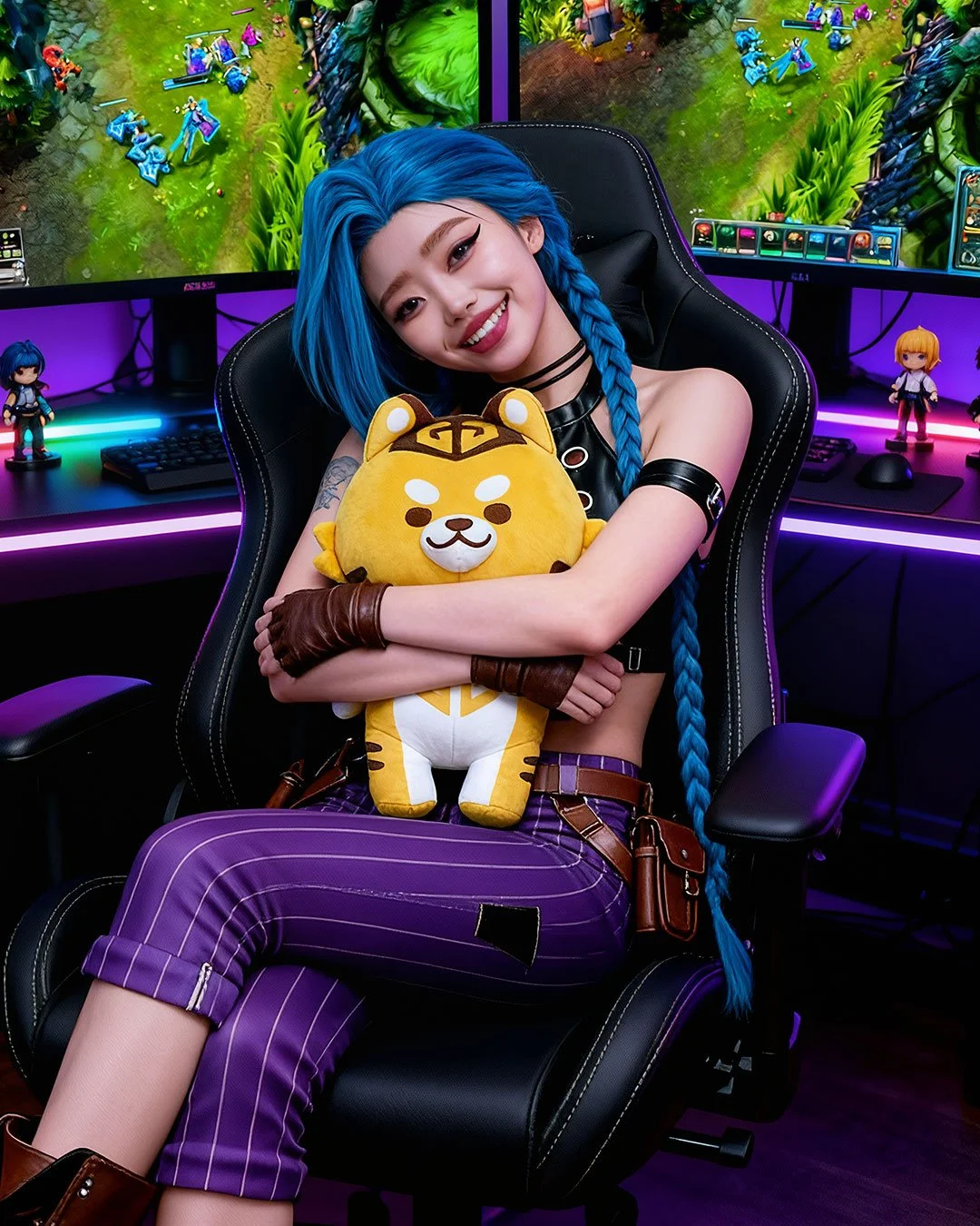 A young woman with blue hair styled in a braid, smiling and sitting in a gaming chair, hugging a tiger plush toy. She is in a gaming setup with dual monitors and anime figurines in the background, illuminated by purple LED lights.