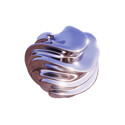 Silver and light blue metallic apple-shaped object.