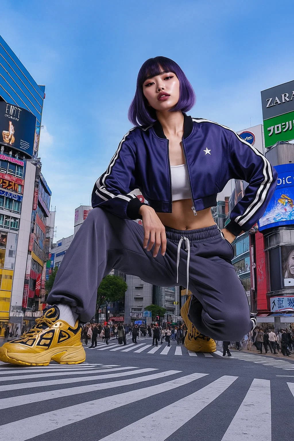 A young woman with purple hair squatting on a city street crosswalk, wearing a blue bomber jacket, white crop top, gray joggers, and yellow sneakers. Tall city buildings and digital billboards are visible in the background under a clear blue sky.