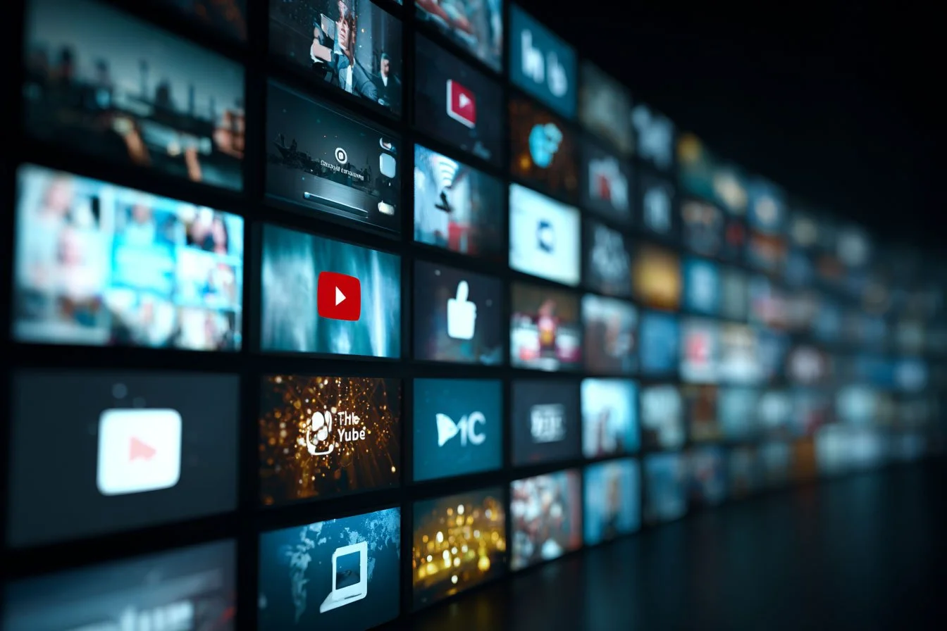 A wall of multiple small screens displaying various media icons and video thumbnails.