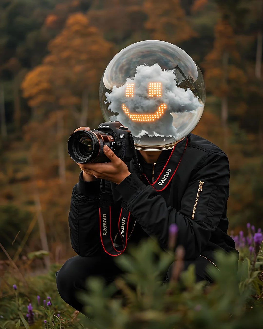 Person with a camera wearing a reflective helmet with a smiley face made of small lights, outdoors with trees and purple flowers.