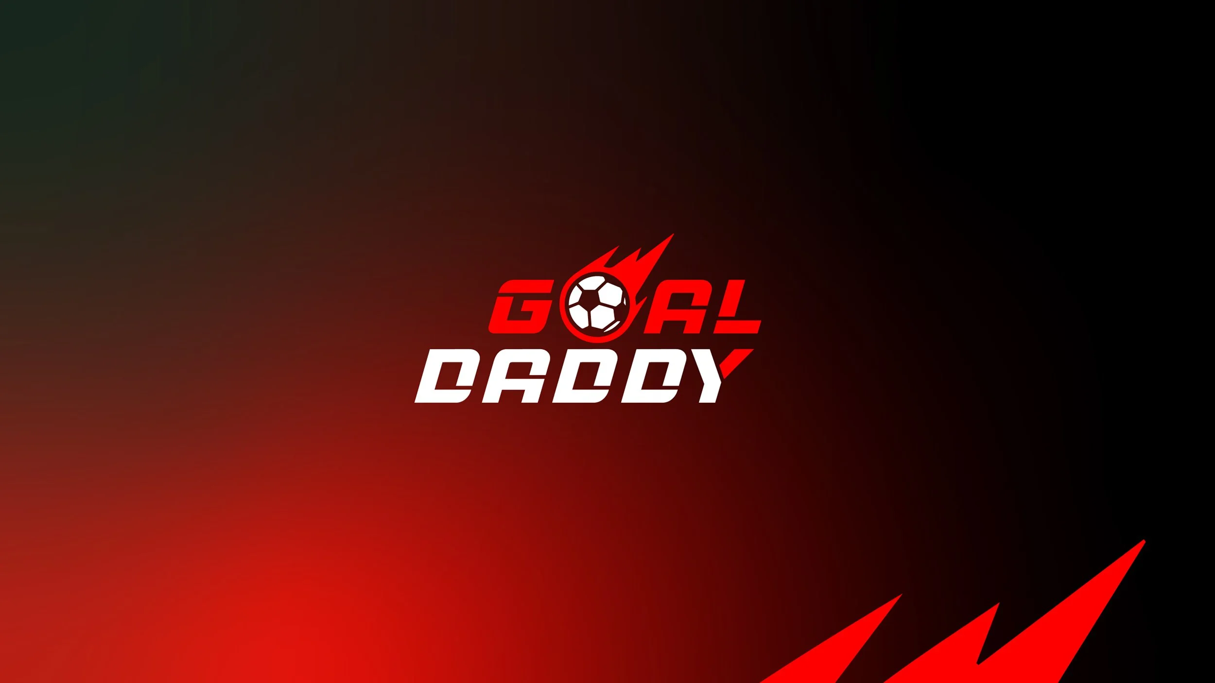 Graphic sports logo with the words 'Goal Daddy', a soccer ball with flames in the center, and dynamic red and black background.