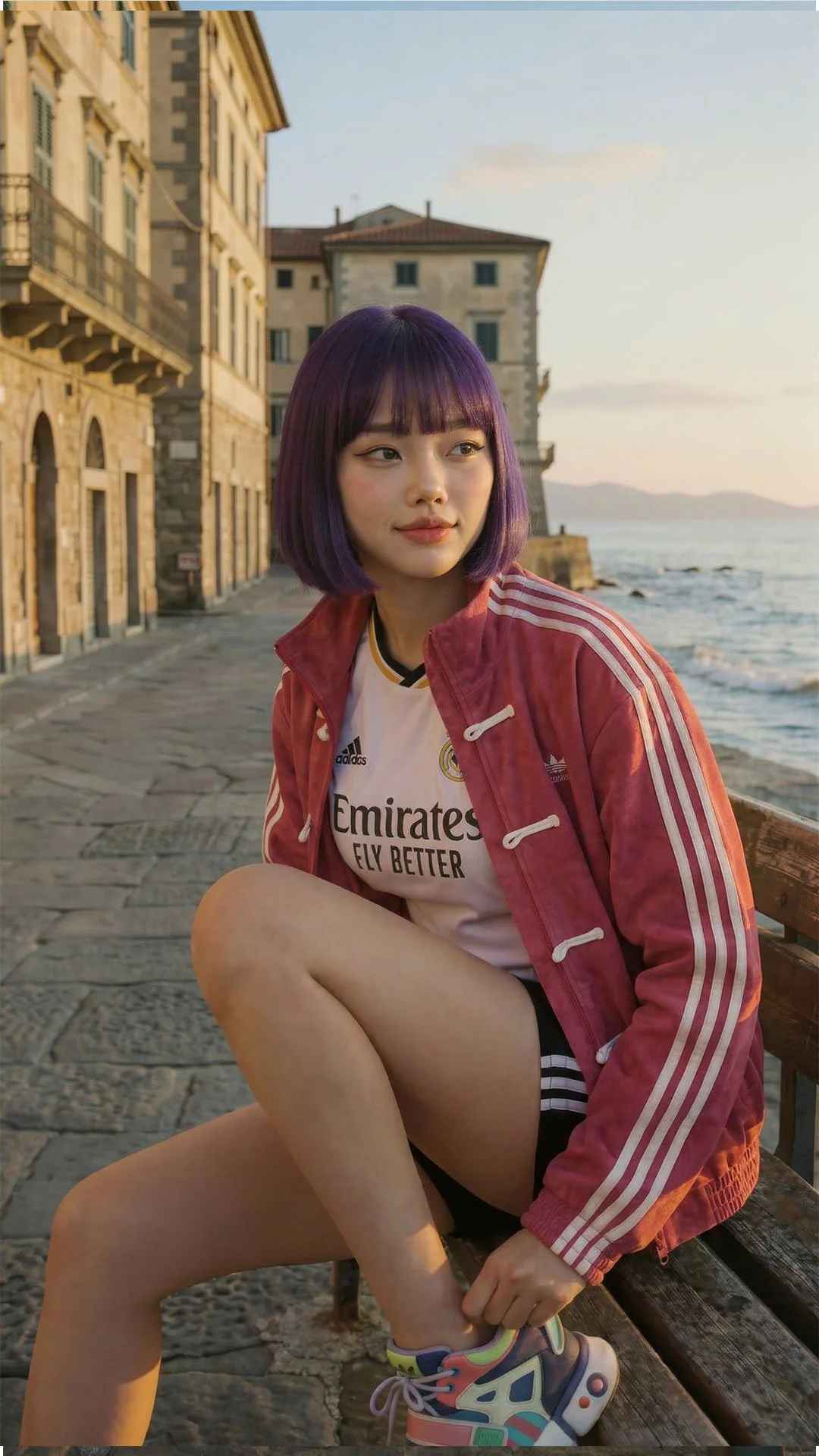 A young woman with purple hair sitting on a wooden bench by the sea during sunset, wearing a red Adidas jacket over a white Real Madrid football jersey, shorts, and colorful sneakers, with historic buildings in the background.