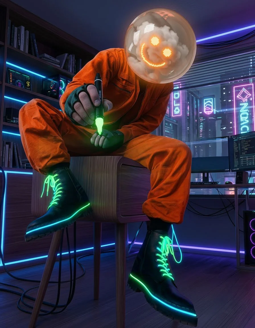 Person with glowing emoji face sitting in a gaming or tech room, writing with a green pen, wearing black boots with neon green and blue accents, in front of computer screens with neon signs.