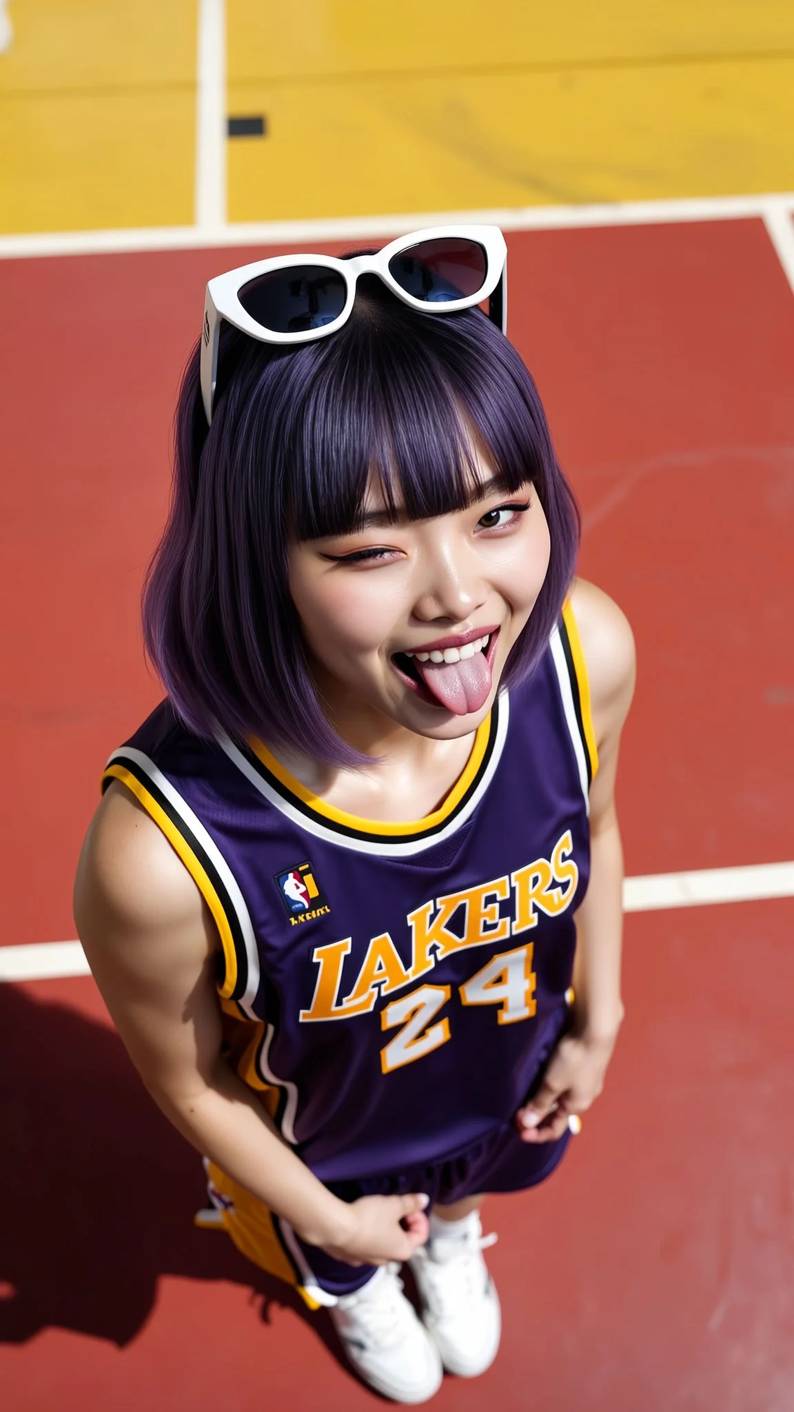 A young woman with purple hair and sunglasses on her head, wearing a Los Angeles Lakers basketball jersey with the number 24, standing on a basketball court, sticking her tongue out and making a playful expression.