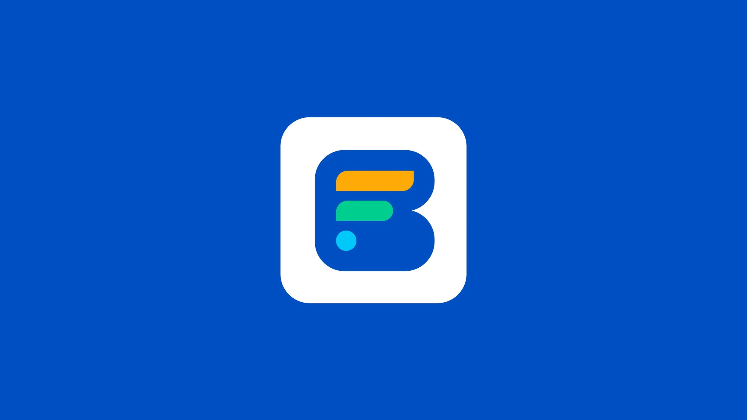 A logo with a dark blue background featuring a white rounded square containing a stylized lowercase letter 'b' composed of colorful horizontal bars in yellow, green, and light blue, and a small dot in light blue.