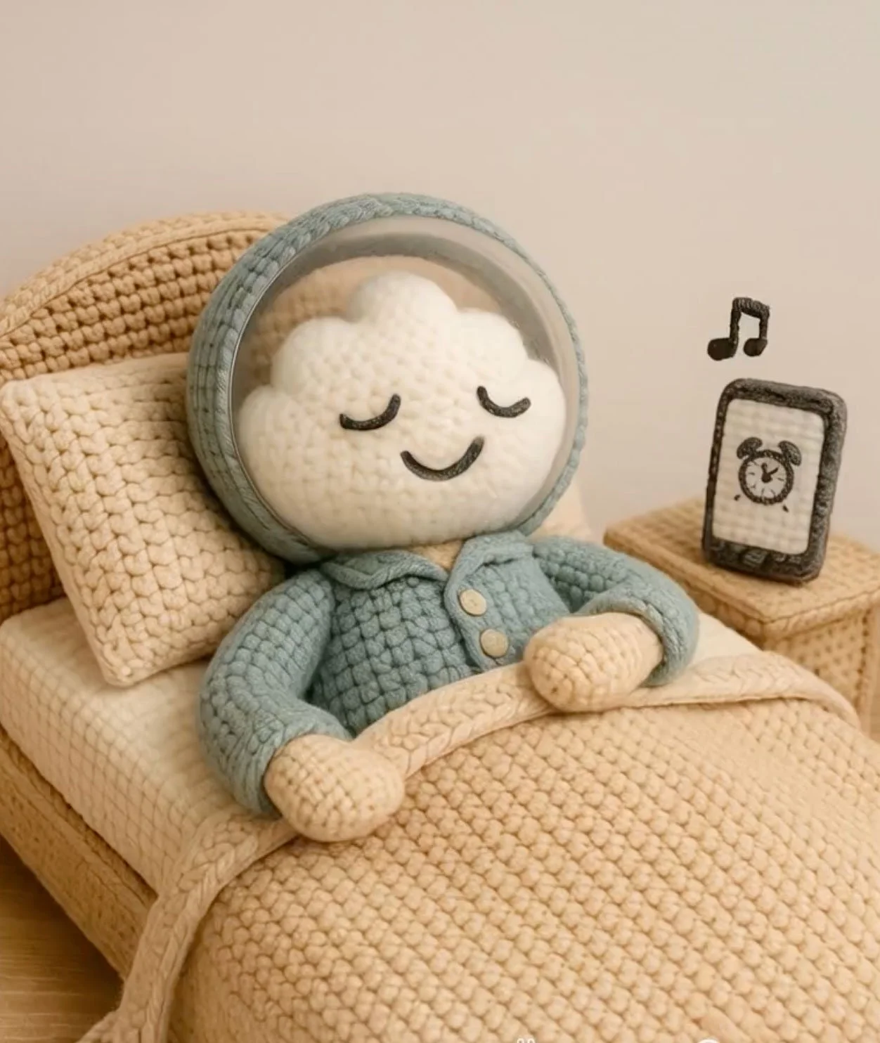 A plush cloud character in an astronaut outfit lying in bed, with a cozy blanket. There is a nightstand with a cartoon phone and a music note drawn on the wall.