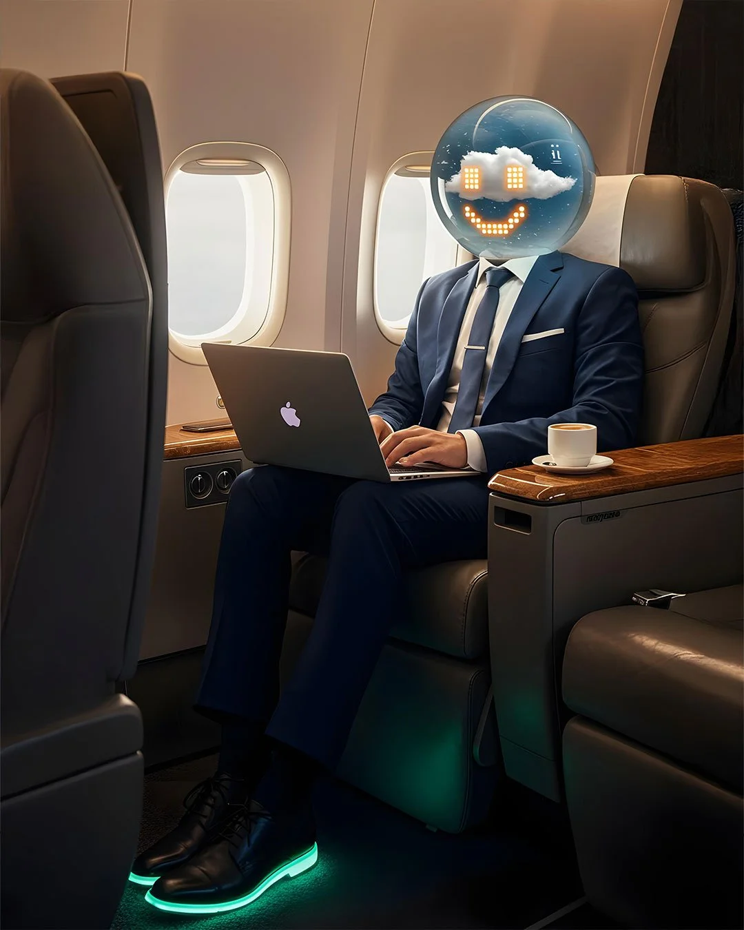 A person in a business suit with a digital smiley face and cloud emoji head, sitting in an airplane seat working on a laptop with a cup of coffee nearby.