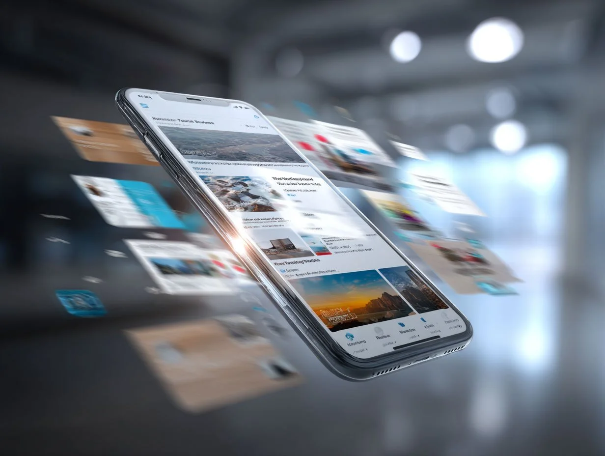 A smartphone displaying a social media app floating in the air with multiple app windows and images around it.