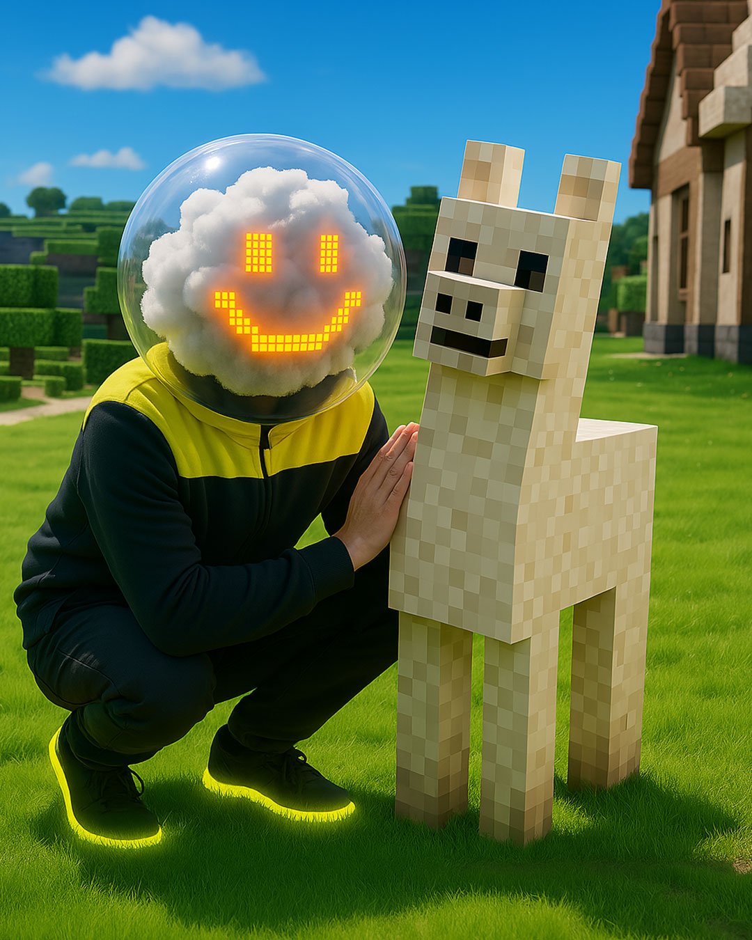 Person with a cloud for a head displaying a smiley face on a balloon, kneeling beside a pixelated, blocky Minecraft-style llama statue outdoors on a sunny day.