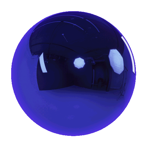 A shiny, reflective, purple metallic sphere in a dark room with bright lights and reflective surfaces.