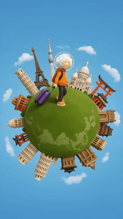 A cartoon illustration of a person with a space helmet standing on a small planet, surrounded by famous international landmarks, with a blue sky and clouds in the background.