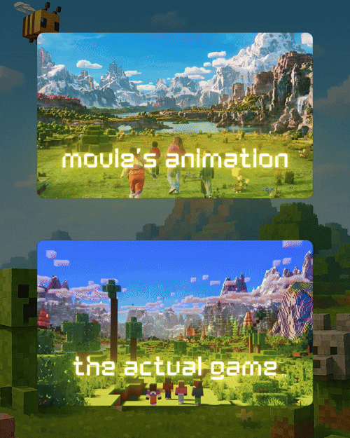 Comparison between a pixelated, animated scene from a movie and the actual voxel-based game Minecraft, highlighting the difference in graphical style.