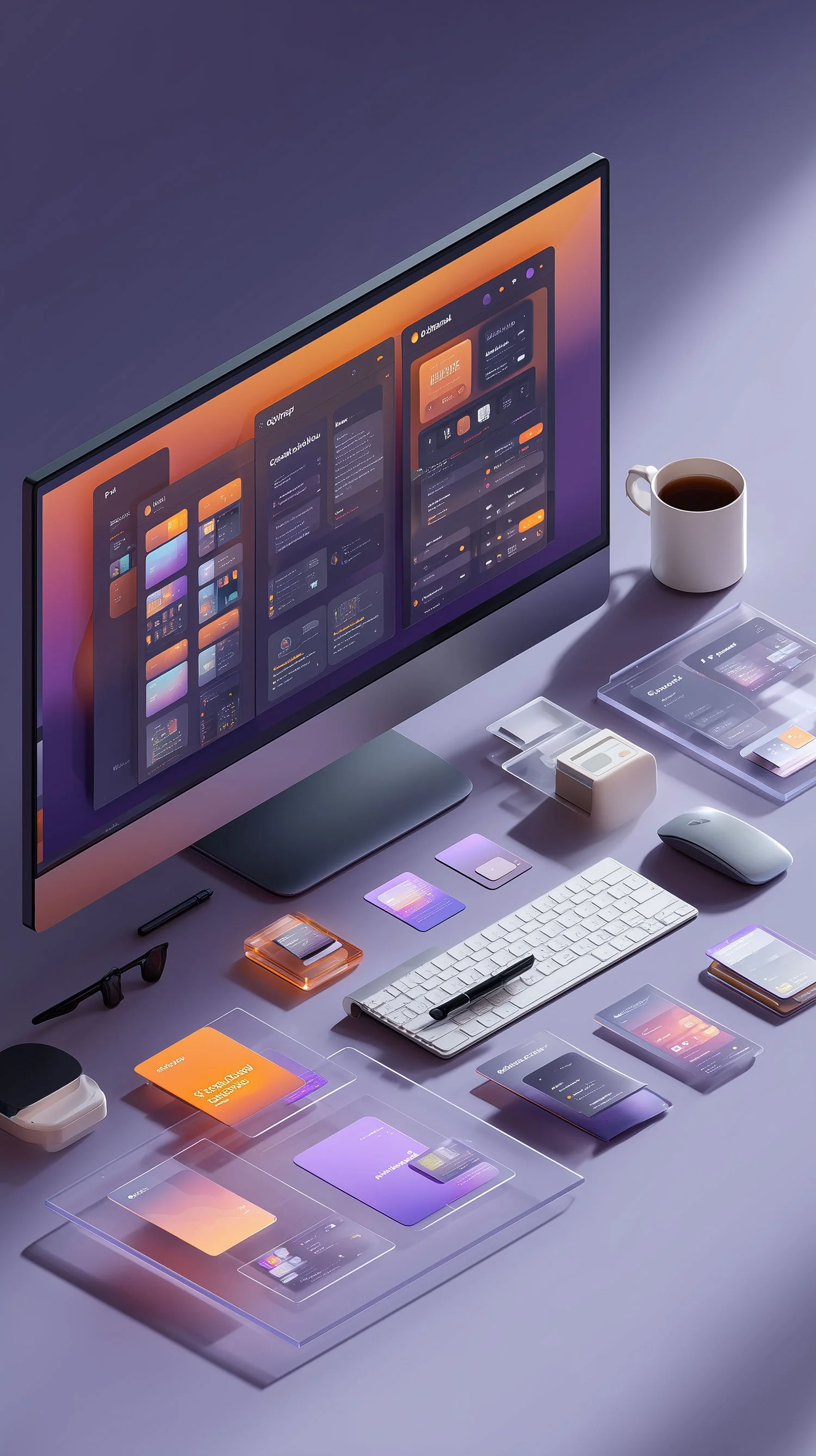 A workspace with a large computer monitor displaying digital design screens, a white keyboard, mouse, coffee mug, glasses, small printer, and various digital and physical prototypes on a lavender-colored desk.