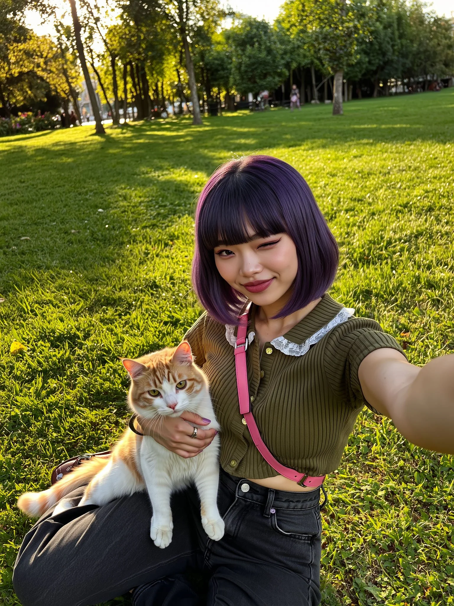 A young woman with purple hair taking a selfie in a park during sunset, holding a ginger and white cat on her lap, with green grass and trees in the background.
