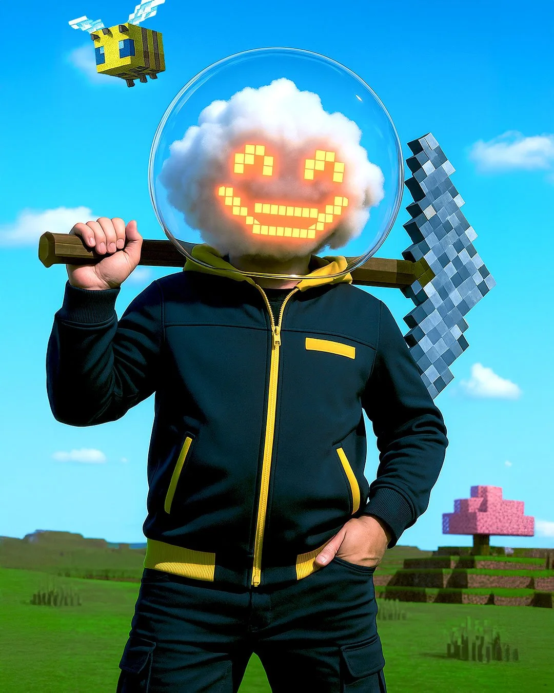 Person with a cloud for a head wearing a hoodie with a pixelated smiley face LED display, holding a Minecraft diamond pickaxe, standing in a blocky, pixelated landscape reminiscent of Minecraft, with a flying pixelated bee and a pink-block tree in th