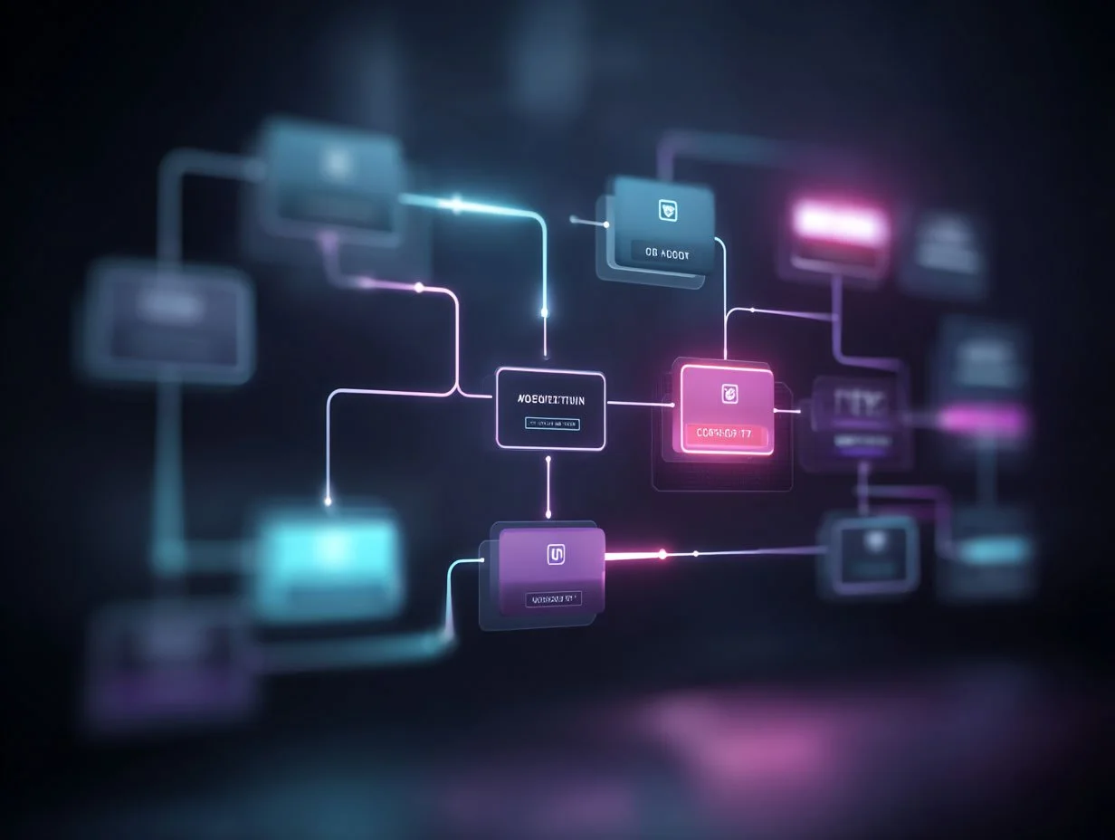 A digital illustration of interconnected floating digital screens and icons on a dark background, with glowing lines connecting them, representing a technology or data network.