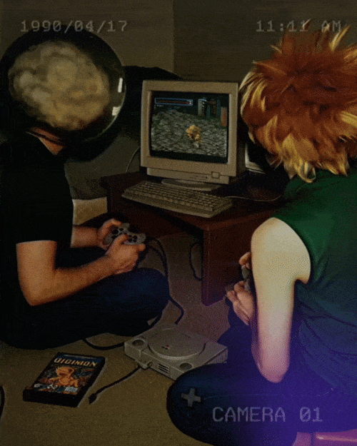 Two people with animal heads, one with a bear head and the other with a lion head, playing a video game on an old computer console.