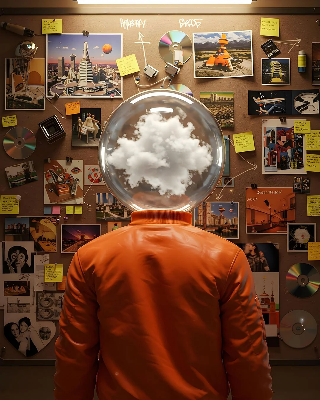 Person with a cloud as a head standing in front of a creative collage board featuring photos, diagrams, and notes.