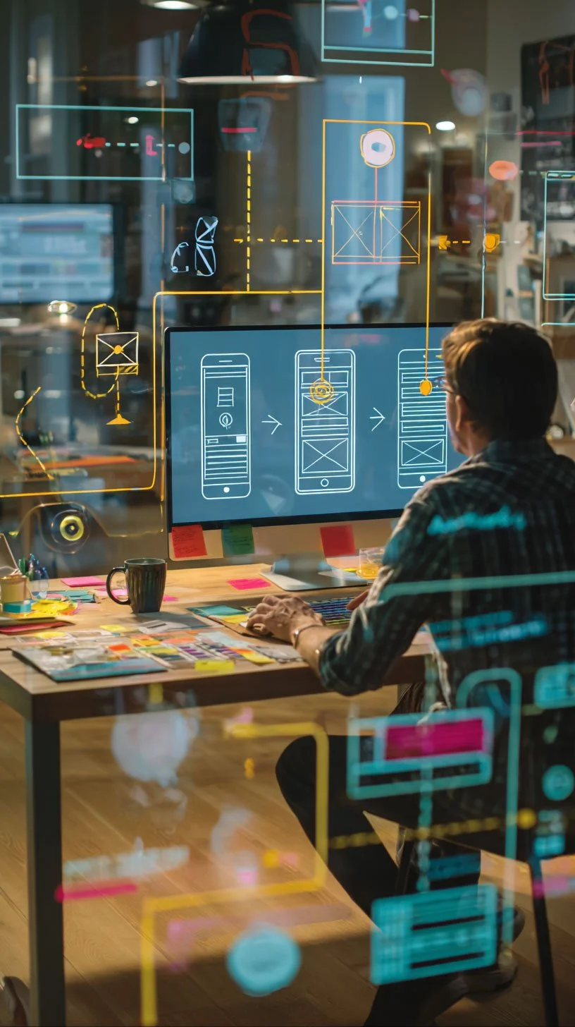 Person working at a desk in front of a computer screen displaying app wireframes, with colorful digital design elements projected on the glass wall around them.