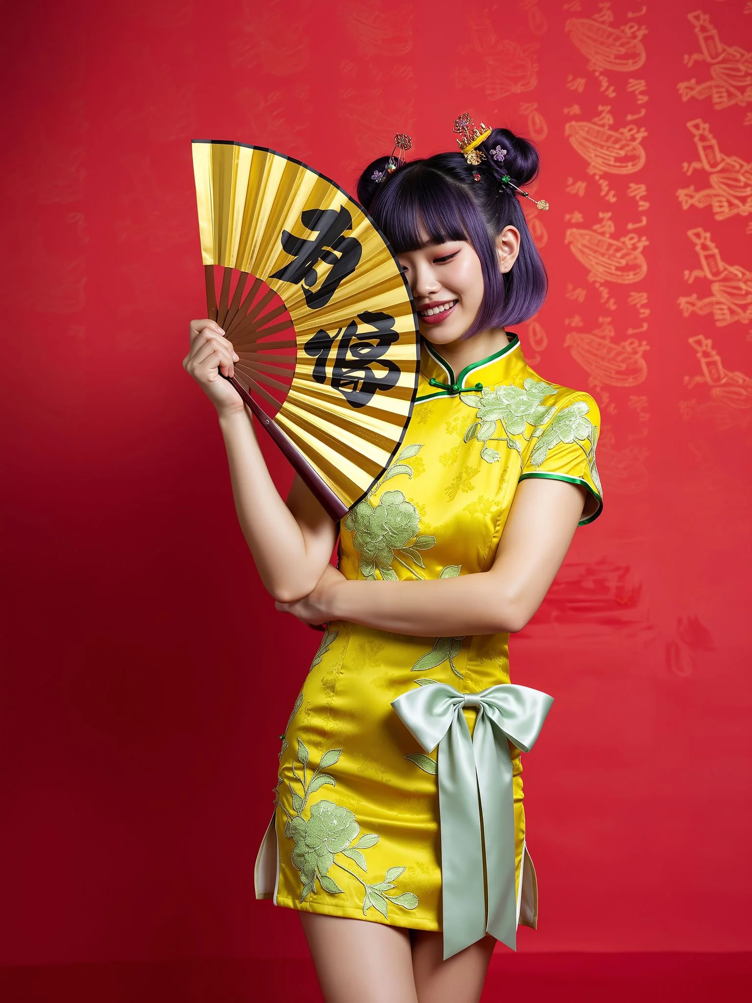 A young woman with purple hair styled in two buns withholding hairpins, wearing a yellow traditional Chinese dress with green floral embroidery and a large white bow, holding a gold fan with black Chinese characters, standing in front of a red backgr