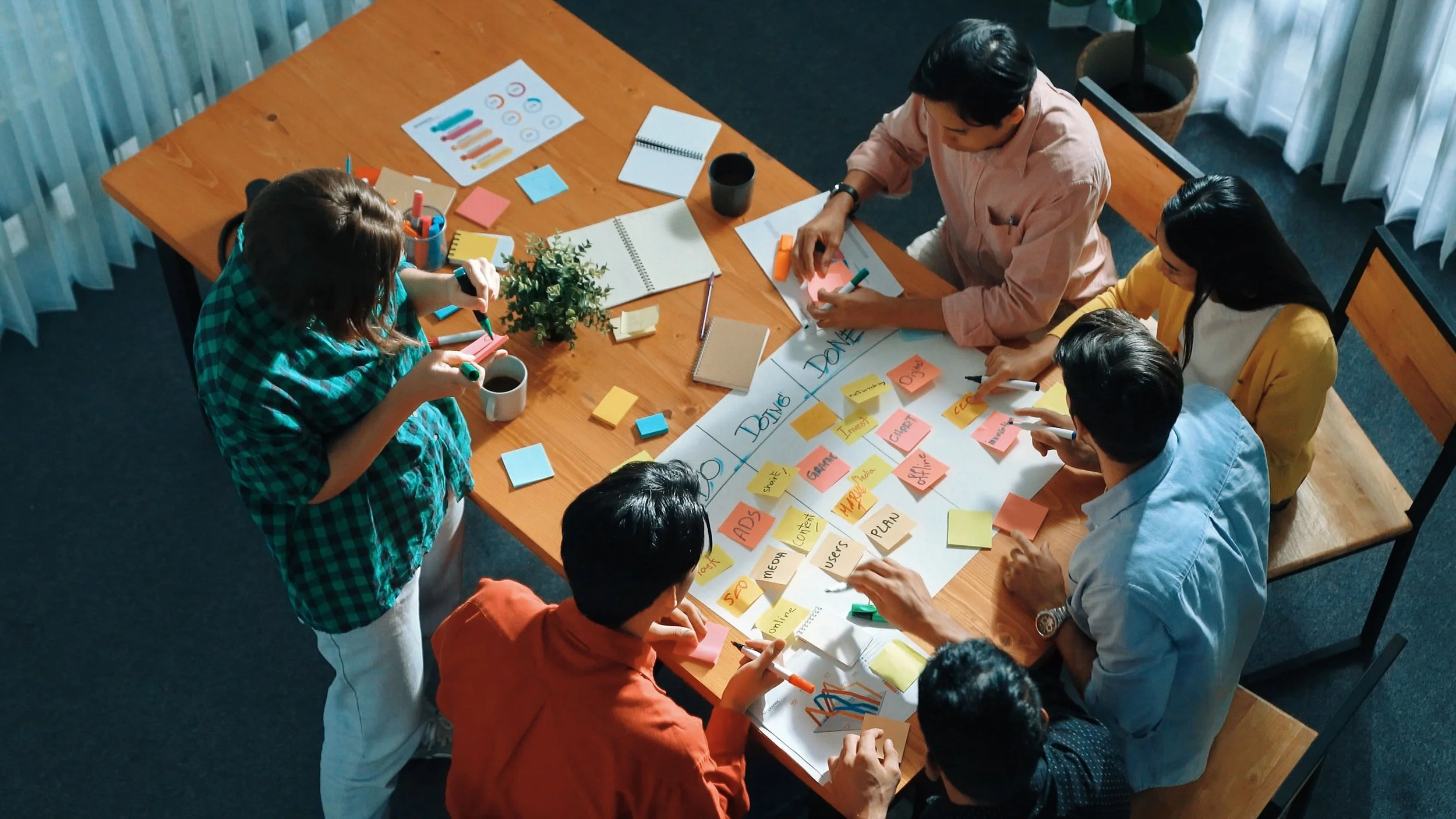 A group of six people gathered around a wooden table working on a project with sticky notes, markers, and papers. The table has a large sheet of paper with writing and sticky notes, and there are notebooks, pens, and cups on the table. The setting appears to be a meeting or brainstorming session in a bright room with curtains.