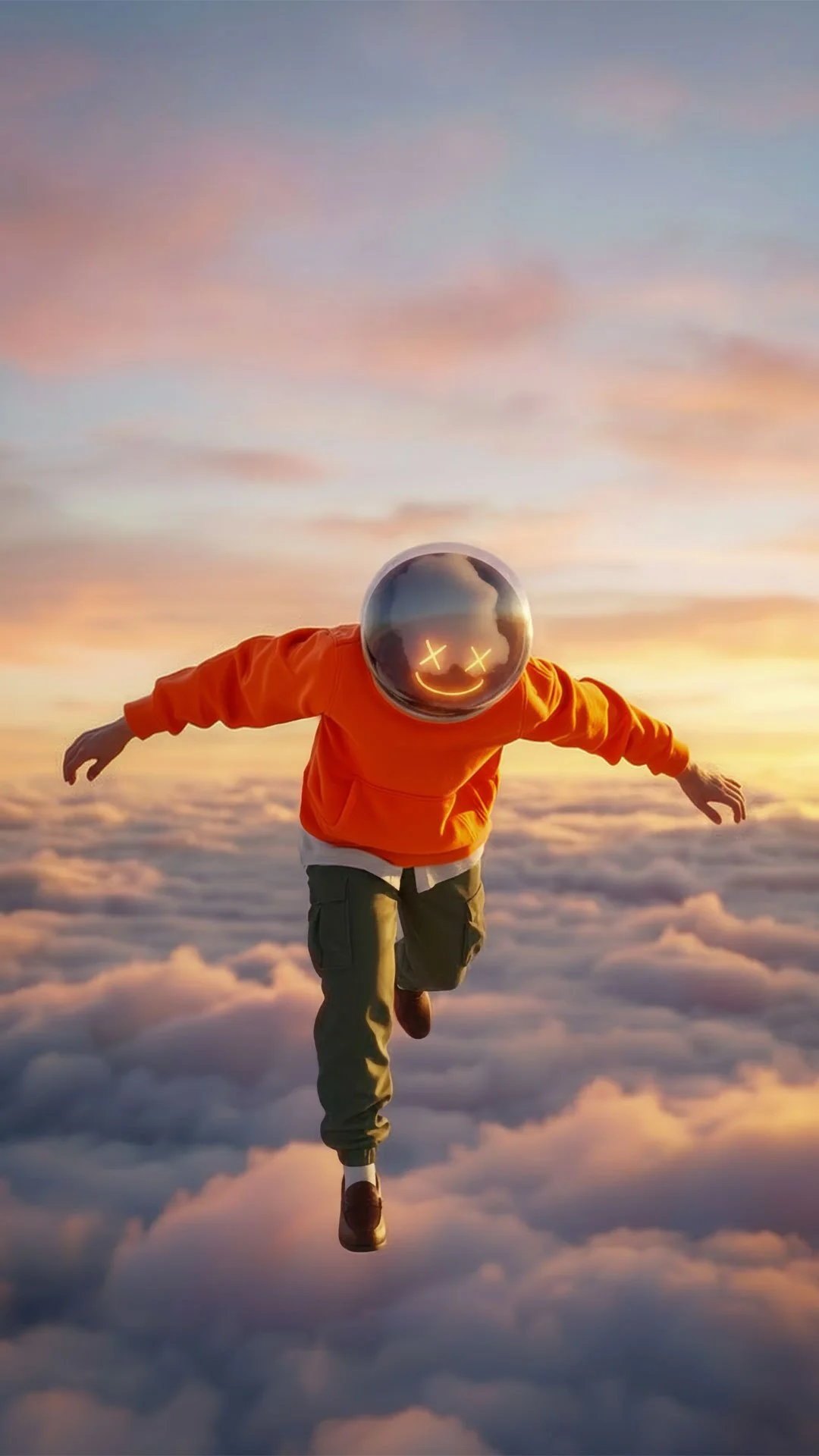 Person in orange hoodie and green pants with a helmet featuring a smiling face with X's for eyes, flying through the sky among clouds at sunset.