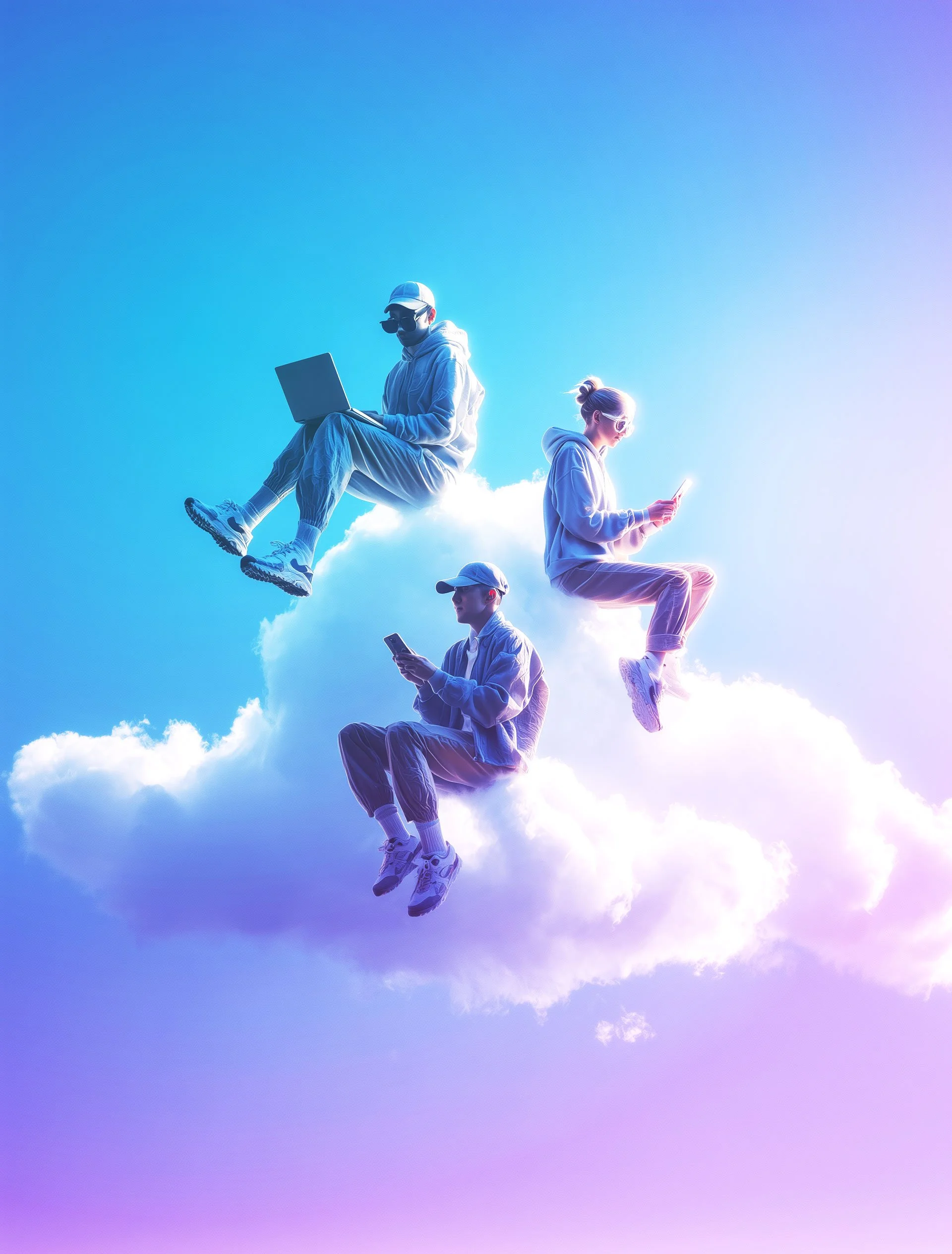 Three people sitting on clouds in the sky, each using a mobile device or laptop, in a surreal, colorful scene.