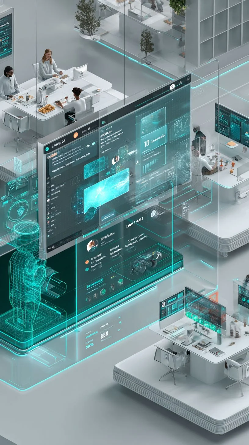 Futuristic office with transparent glass walls, featuring holographic digital displays showing data and graphics, and people working at desks.