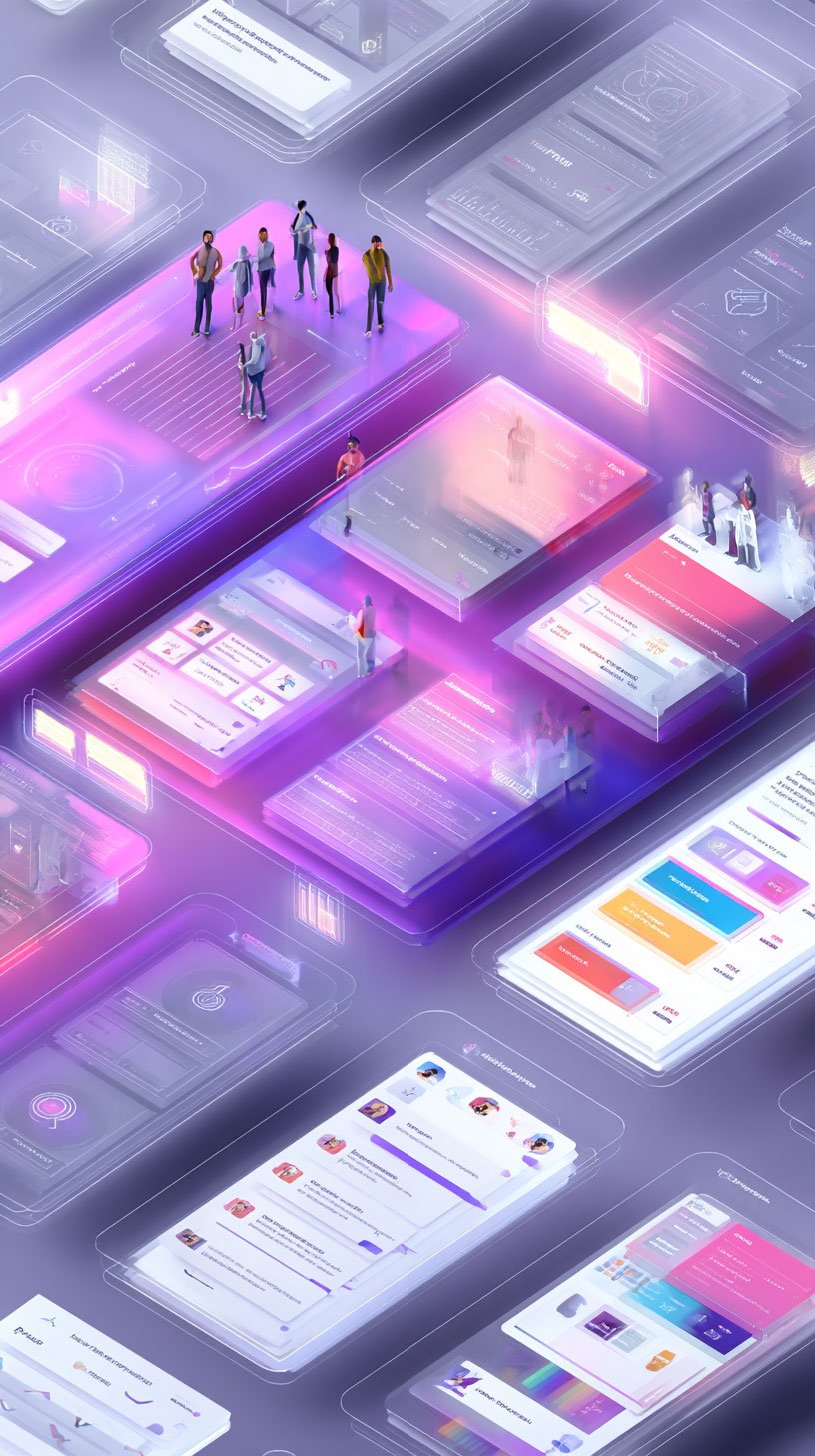 Multiple digital screens and holographic projections displaying app interfaces, icons, and data with a group of miniature people interacting with the digital displays in a futuristic setting.