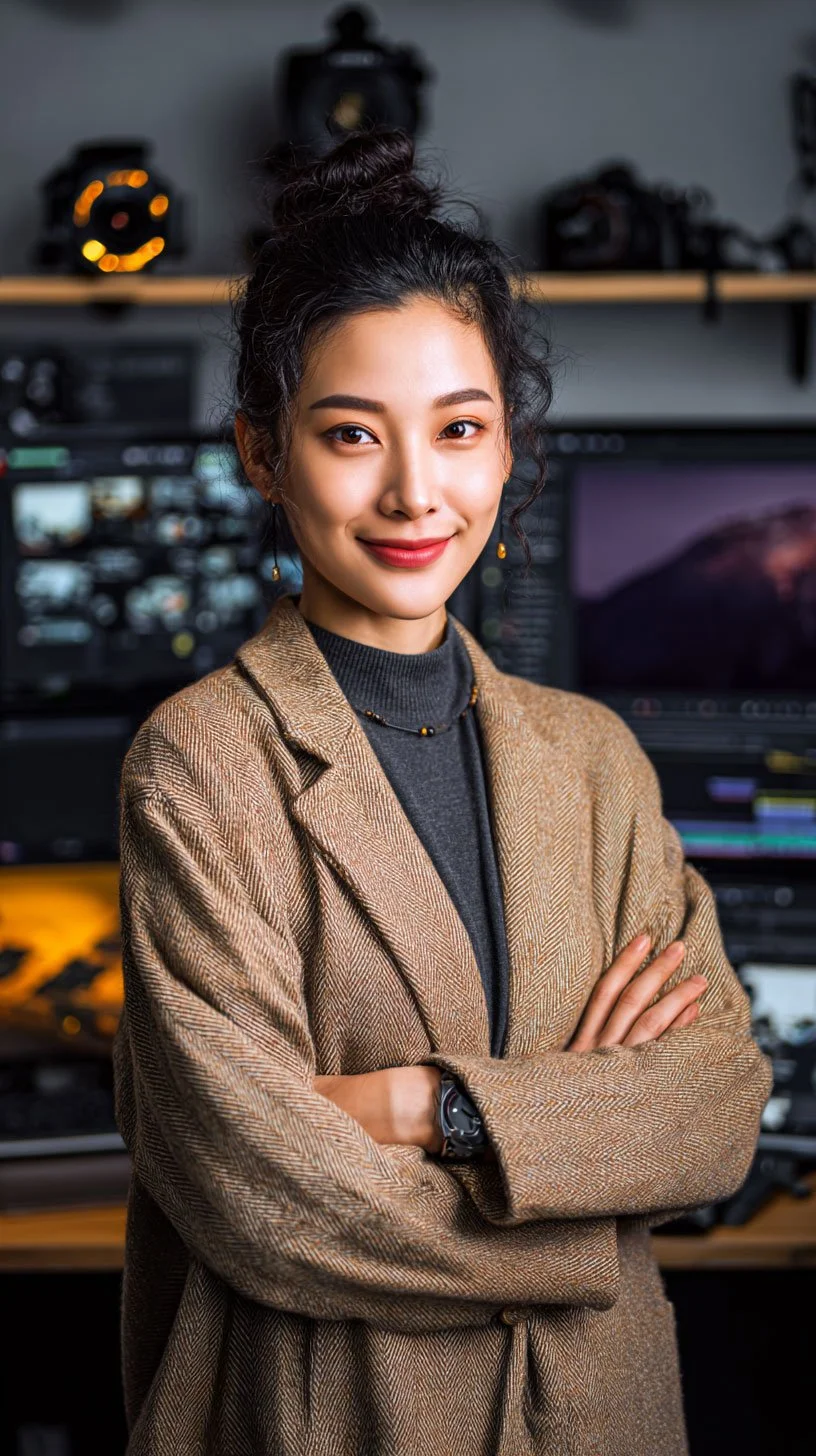 A young woman with dark hair in a top bun, smiling with crossed arms, wearing a brown blazer and a black turtleneck, standing in front of professional video editing equipment and cameras.