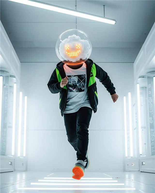 Person running in a futuristic, brightly lit room wearing a robot head helmet with a digital smiley face.