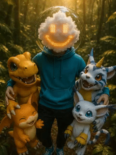 Child wearing a hoodie with a pixelated smiling face mask, standing between two plush dinosaur toys and two plush creature toys in a forest setting.