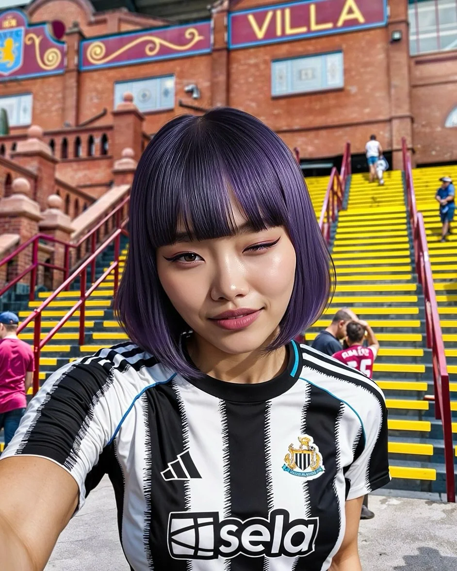 A young woman with purple hair taking a selfie in front of a stadium staircase. She is wearing a Newcastle United football jersey, which is black and white striped with the club badge. The stadium has a brick facade with a large sign reading 'VILLA' 