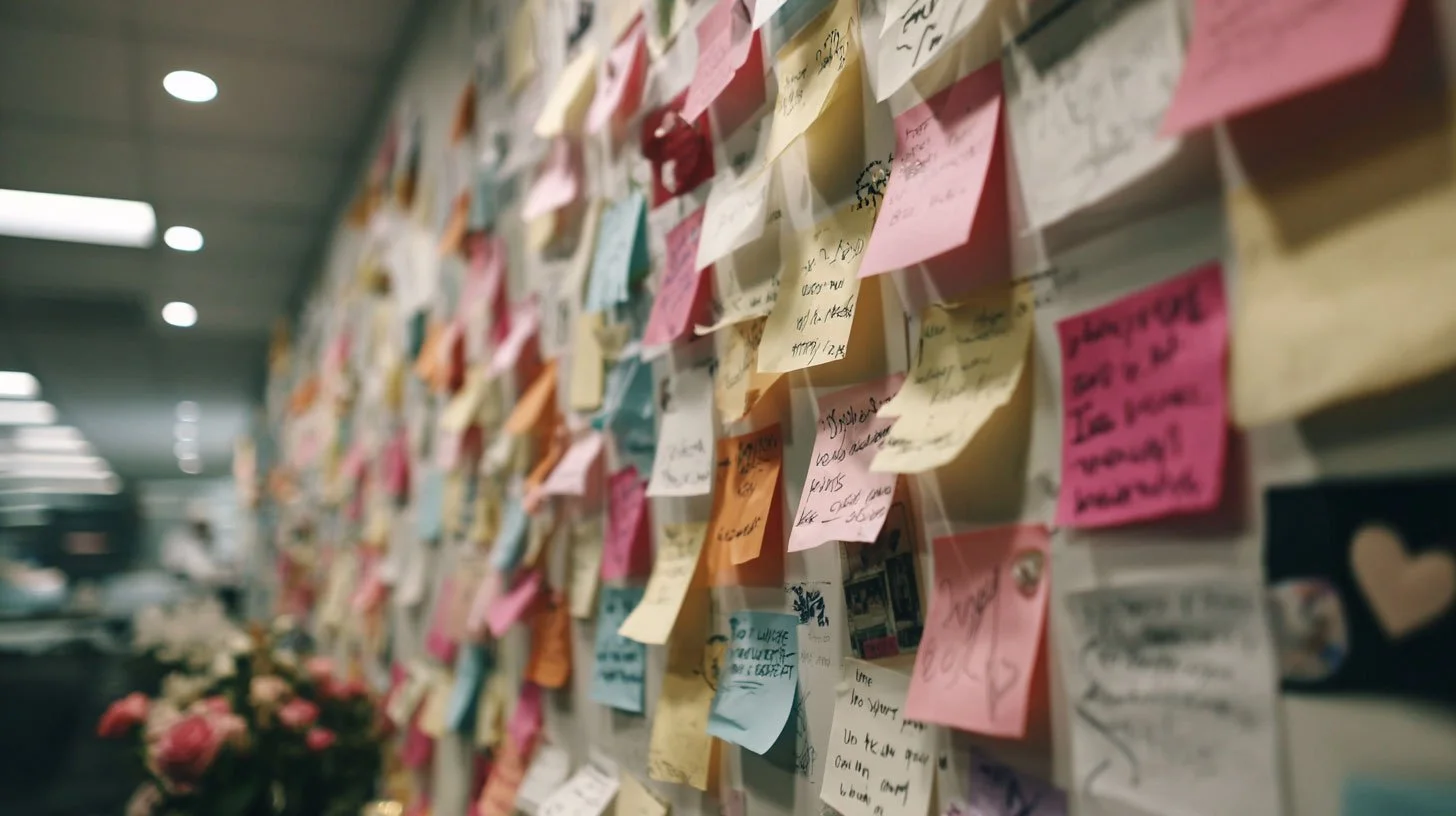 A wall covered with colorful sticky notes and handwritten messages in an office or community space.