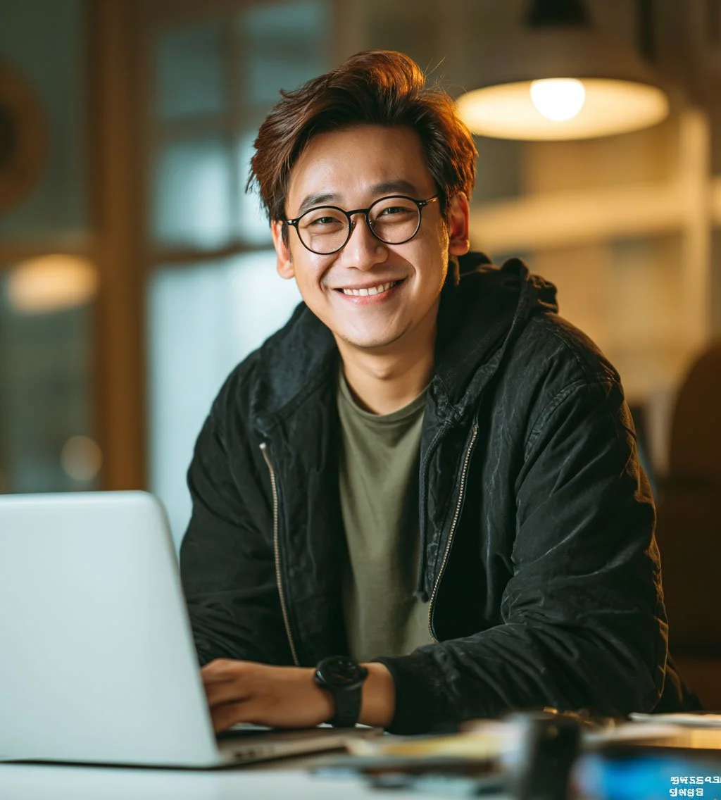 A young man with glasses smiling while working on a laptop in a cozy, warmly lit indoor space.