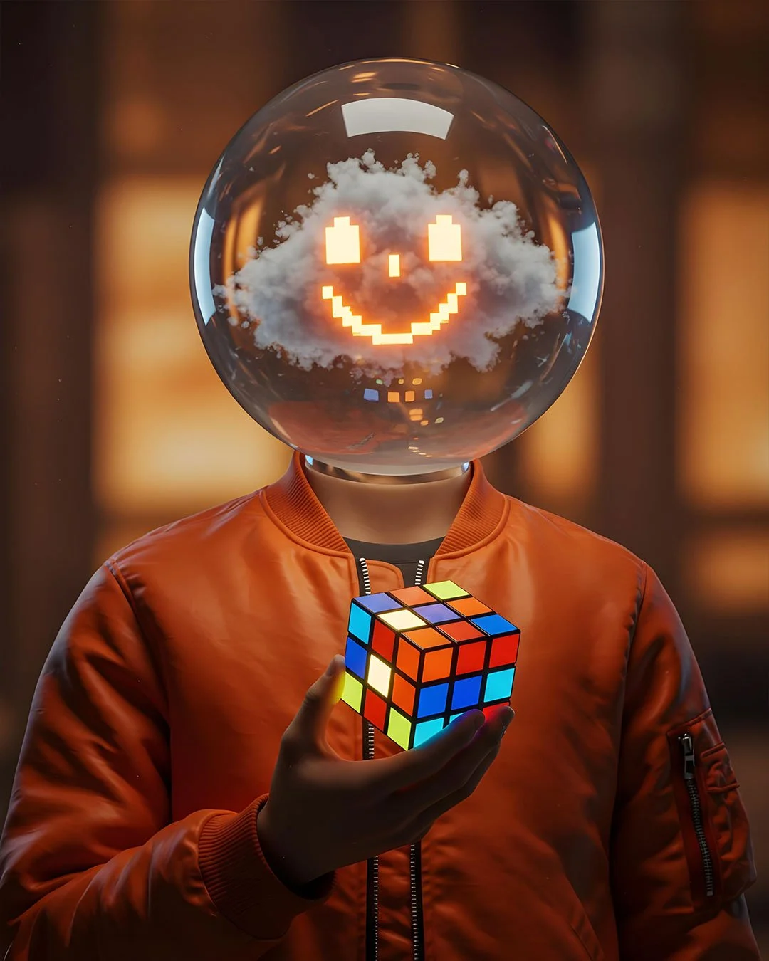 A person with a cloud and a pixelated smiling face inside a glass sphere replacing their head, wearing an orange jacket and holding a colorful Rubik's cube.