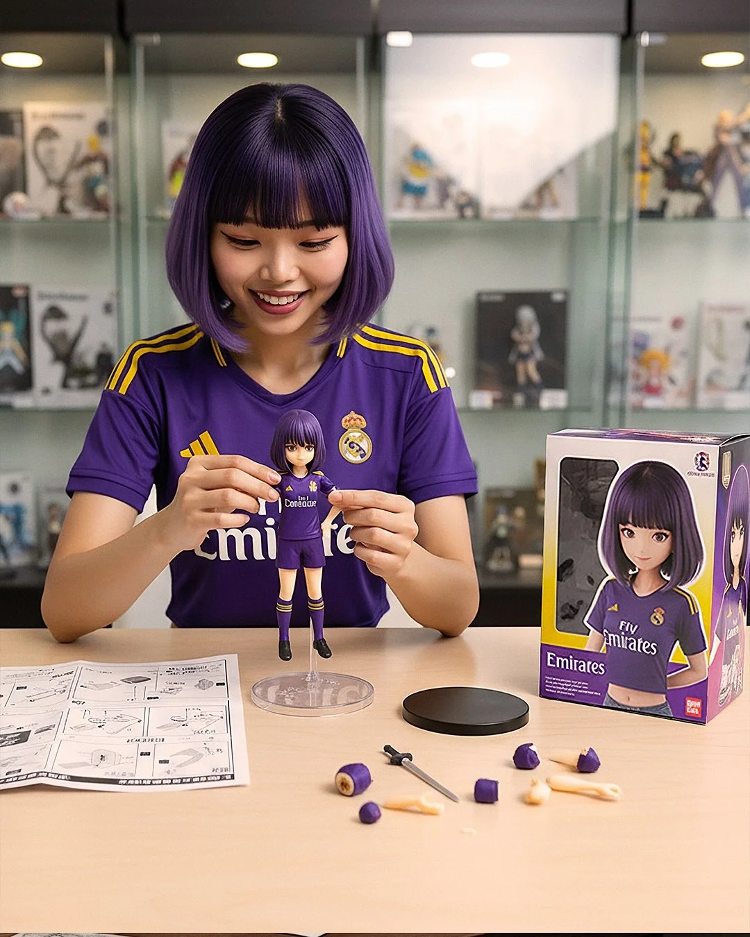 A young woman with purple hair and a Real Madrid jersey assembling a figurine of a girl with purple hair in a soccer uniform. The figurine is on a clear stand, and the woman is smiling as she works. There are instruction sheets, parts, tools, and a b