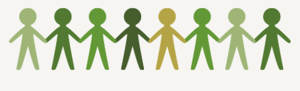 A row of ten paper cutout human figures holding hands, colored in shades of green and one in gold.