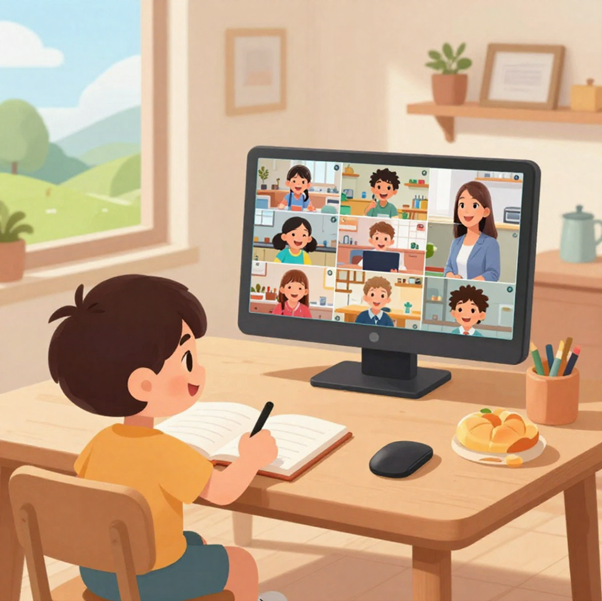 A young boy participating in a virtual class with multiple teachers and students on a computer screen, sitting at a wooden desk with a notebook, pencil, and a plate of cookies, in a cozy room with a window showing a scenic outdoor view.
