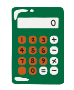 Green calculator with orange and gray buttons displaying zero