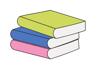 Stack of three hardcover books with yellow, blue, and pink covers.