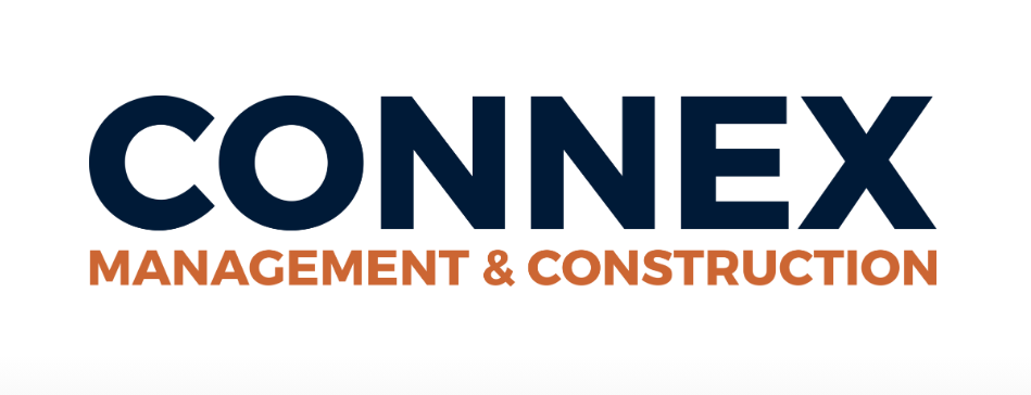 Logo for Connex Management & Construction with bold navy blue and brown text.