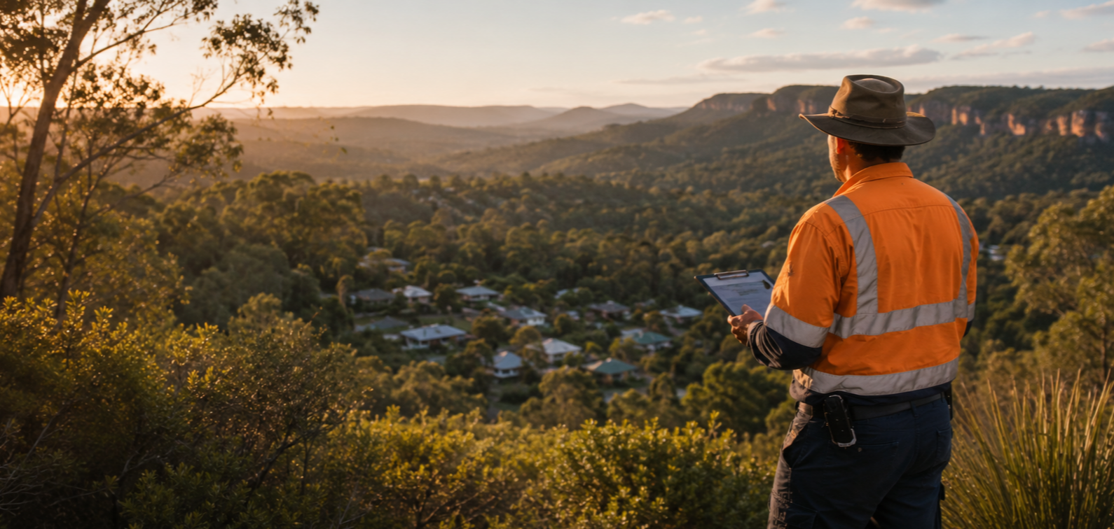 A surveyor wearing an orange safety vest and wide-brimmed hat stands on a hill overlooking a forested valley and small houses, using a tablet device during sunset.