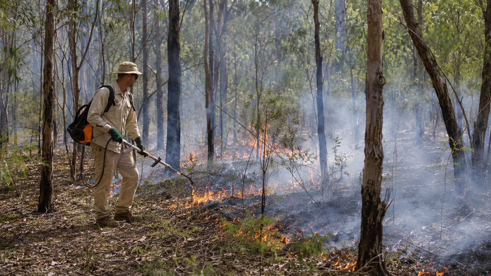 A person wearing protective clothing and a hat is using a tool to suppress a small fire in a forest with trees and smoke.