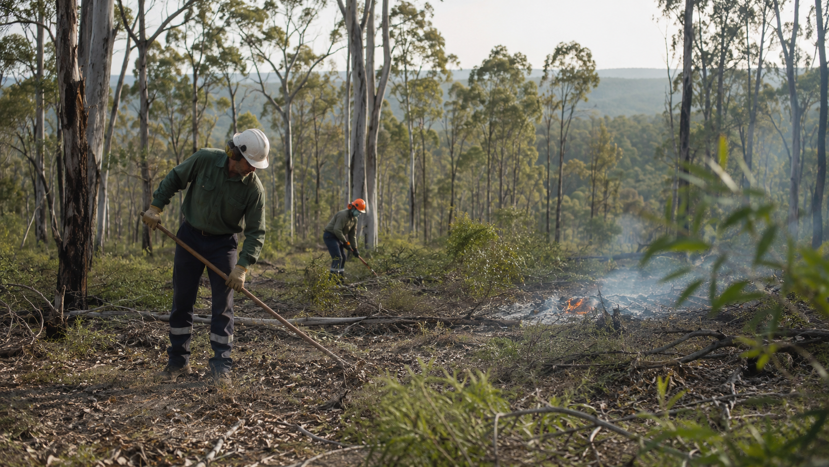 Two workers wearing helmets and protective gear are firefighting in a forest, using tools to control a small grass fire, with trees and hills in the background.