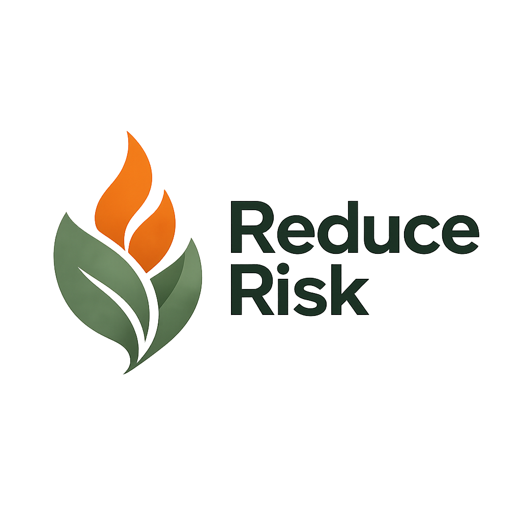 A logo featuring a stylized green leaf with an orange flame inside and the words "Reduce Risk" in green text.