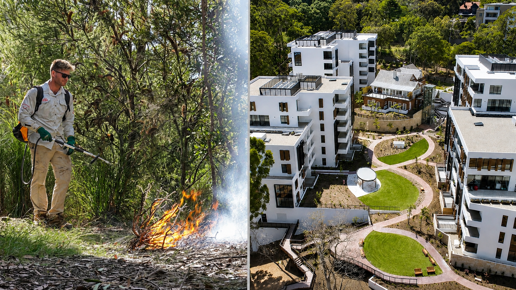 Aerial view of modern white residential apartment buildings with rooftop patios, surrounding green trees, landscaped courtyard with walking paths, benches, grassy areas, and a central staircase.