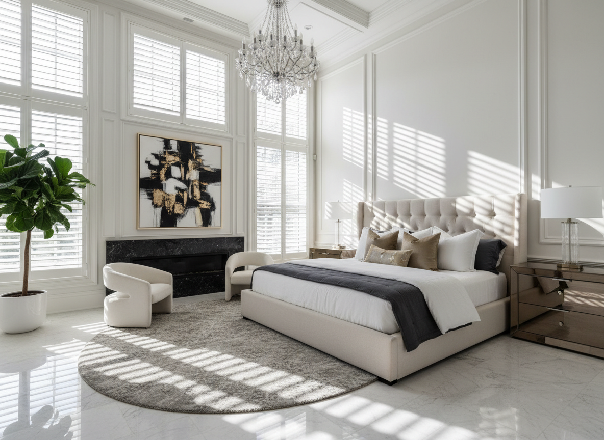 A bright, modern bedroom with large windows and white plantation shutters, a beige tufted bed with multiple pillows, a black and beige abstract painting above a black marble fireplace, a round gray rug, a potted plant, two white armchairs, and two mirrored nightstands with white lamps, a crystal chandelier hanging from the ceiling.